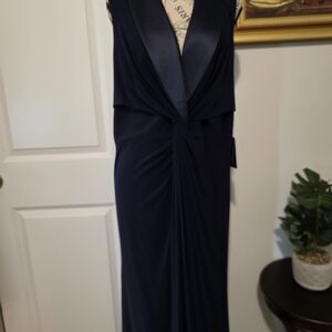 Adrianna Papell Navy Twist-Front Satin Lapel Maxi Dress
